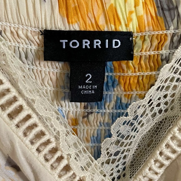 Torrid Cream & Yellow Floral Sleeveless V-Neck Lace Trim Midi Dress Size 2 - Picture 3 of 12